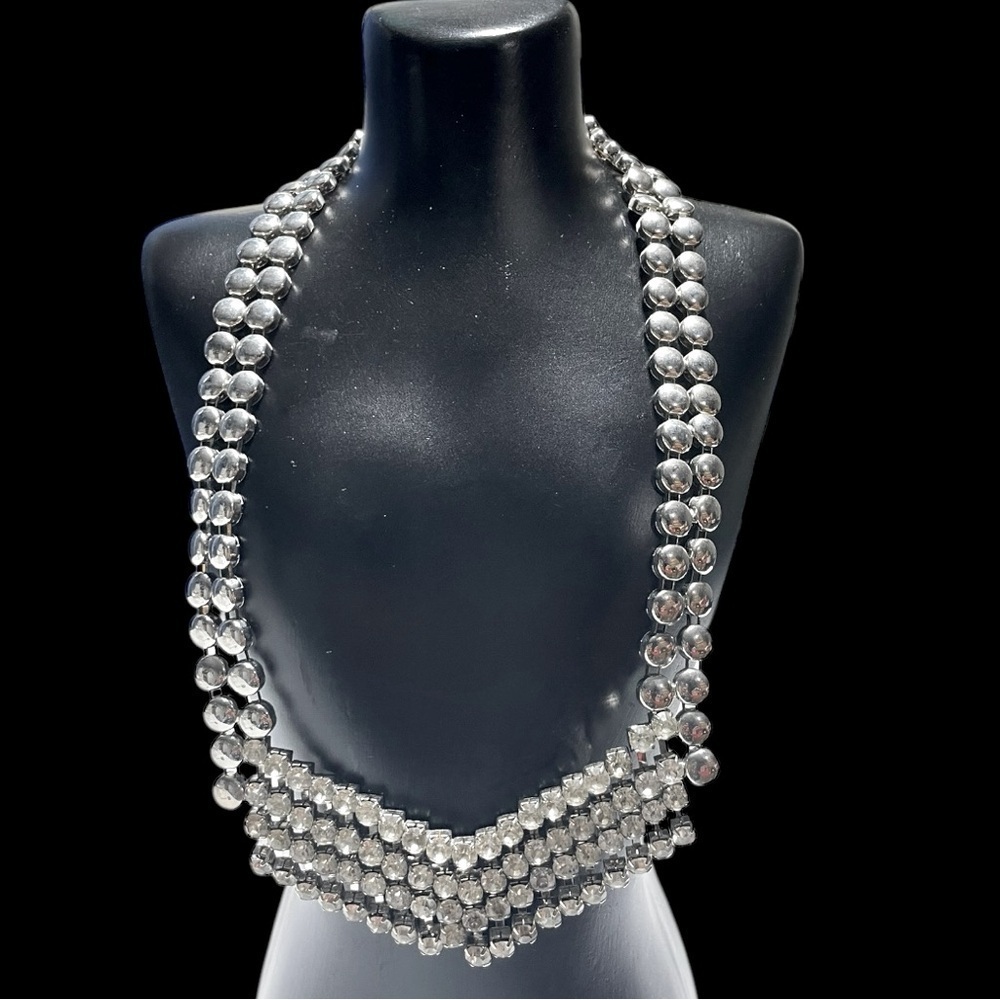 Elegant Vintage Silver Bead and Rhinestones Collar Necklace 9.5” long